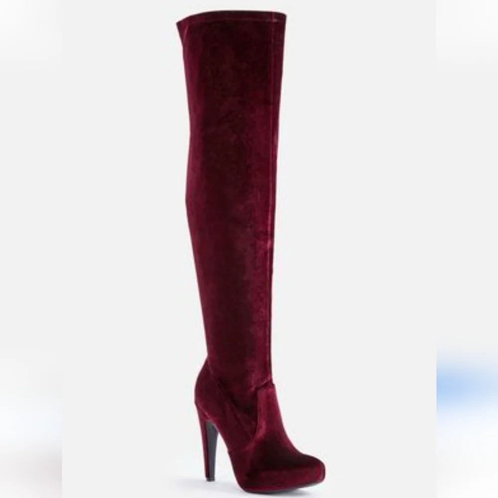 Justfab Yeal Burgundy Velvet Over-the-Knee heeled boots brand new size 9.5